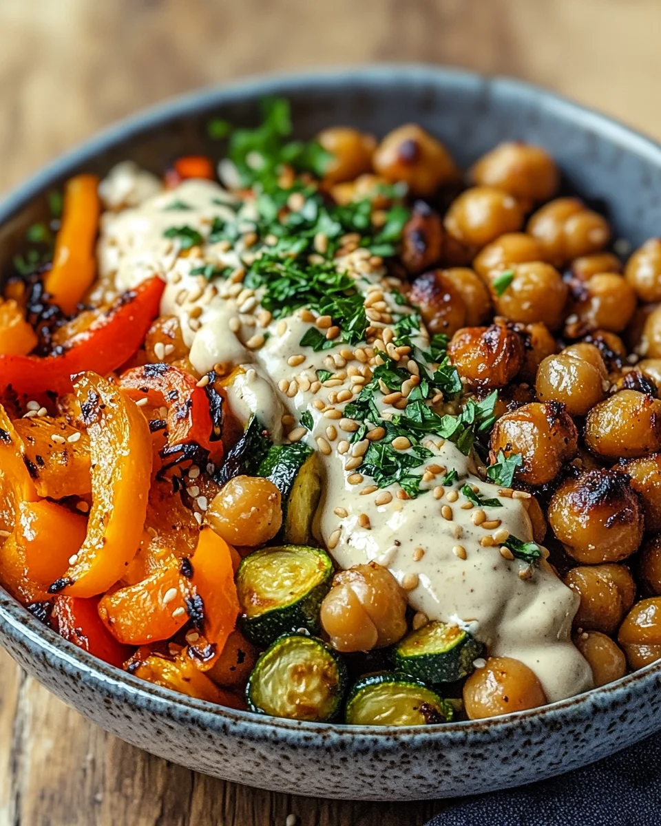 Bowl mit geröstetem Gemüse und Kichererbsen mit Tahini-Dressing 32 Bowl