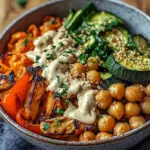 Bowl mit ger&ouml;stetem Gem&uuml;se und Kichererbsen mit Tahini-Dressing