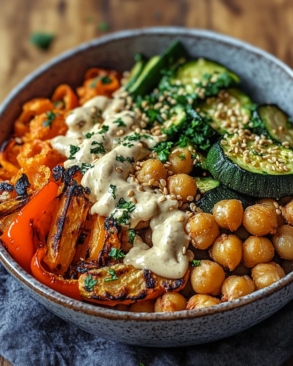 Bowl mit geröstetem Gemüse und Kichererbsen mit Tahini-Dressing 34 Bowl mit geröstetem Gemüse und Kichererbsen mit Tahini-Dressing
