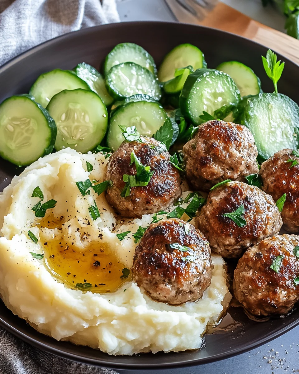 Fleischbällchen mit Gurkensalat und Kartoffelstampf 16 Fleischbällchen