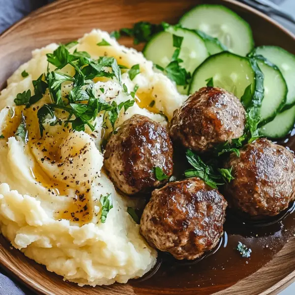 Fleischbällchen mit Gurkensalat und Kartoffelstampf