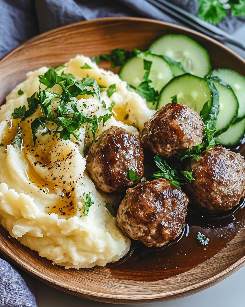 Fleischbällchen mit Gurkensalat und Kartoffelstampf 18 Fleischbällchen mit Gurkensalat und Kartoffelstampf