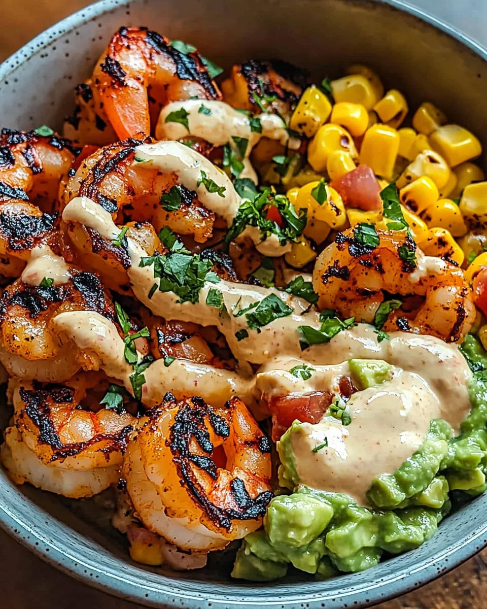 Gegrillte Garnelen Bowl mit Avocado Mais-Salsa & Cremiger Sauce 19 Gegrillte