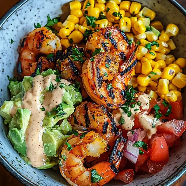 Gegrillte Garnelen Bowl mit Avocado Mais-Salsa & Cremiger Sauce