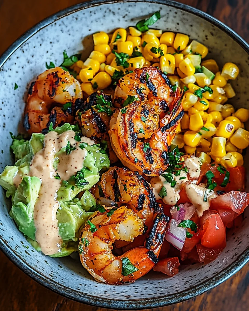 Gegrillte Garnelen Bowl mit Avocado Mais-Salsa & Cremiger Sauce 21 Gegrillte Garnelen Bowl mit Avocado Mais-Salsa & Cremiger Sauce