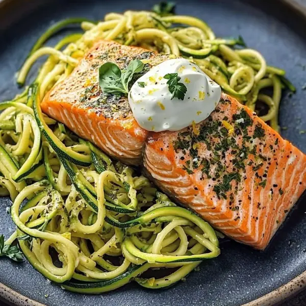 Kräuterlachs auf Zucchinipasta