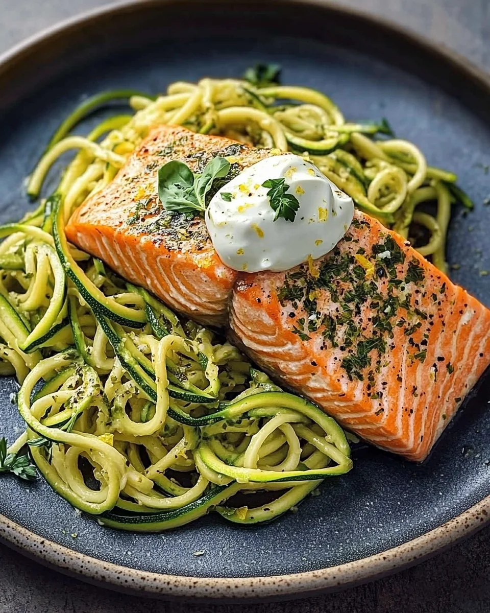Kr&auml;uterlachs auf Zucchinipasta