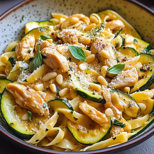 Zucchini Parmesan Pasta mit Hähnchen und Pinienkernen