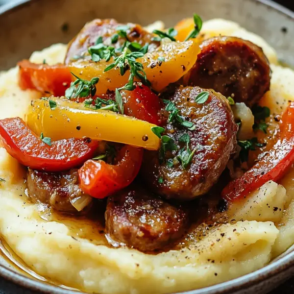 Cremige Wurst und Paprika auf Kartoffelpüree