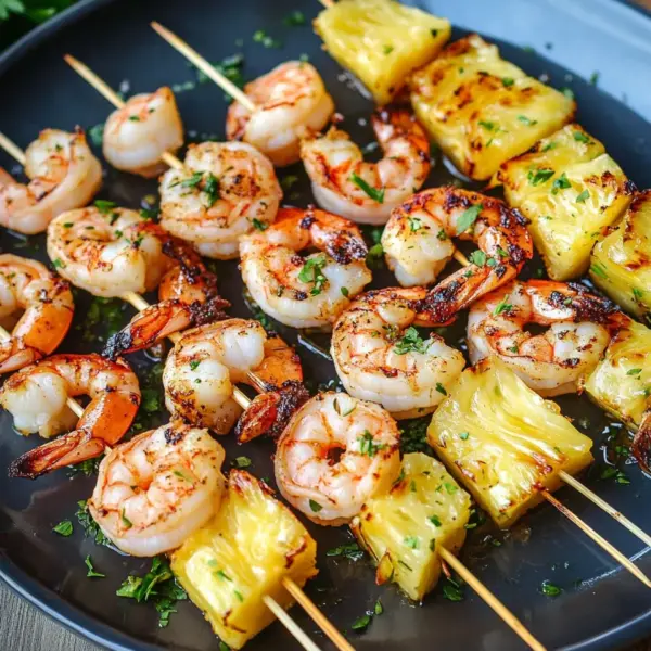 Gegrillte Garnelenspieße mit Ananas in Öl und Knoblauchsoße