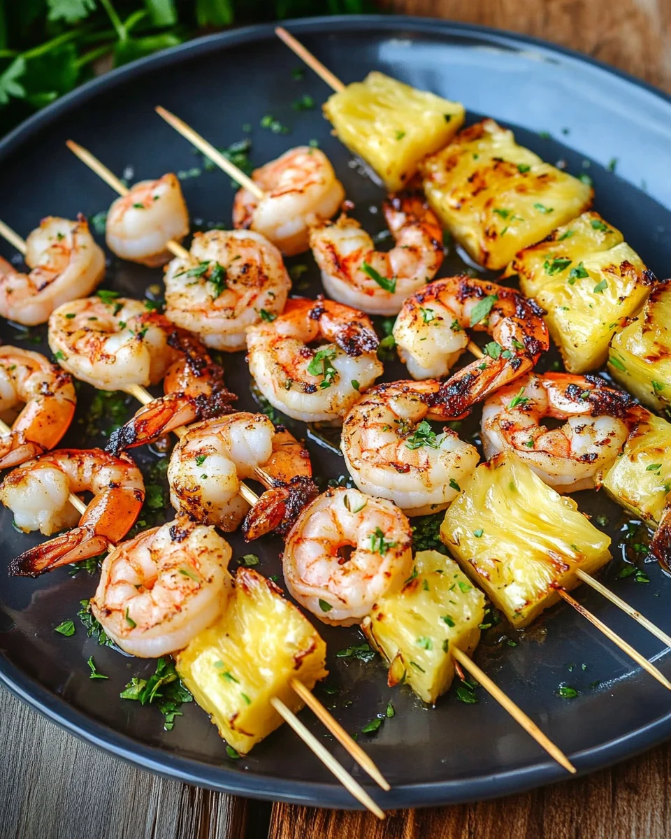 Gegrillte Garnelenspie&szlig;e mit Ananas in &Ouml;l und Knoblauchso&szlig;e