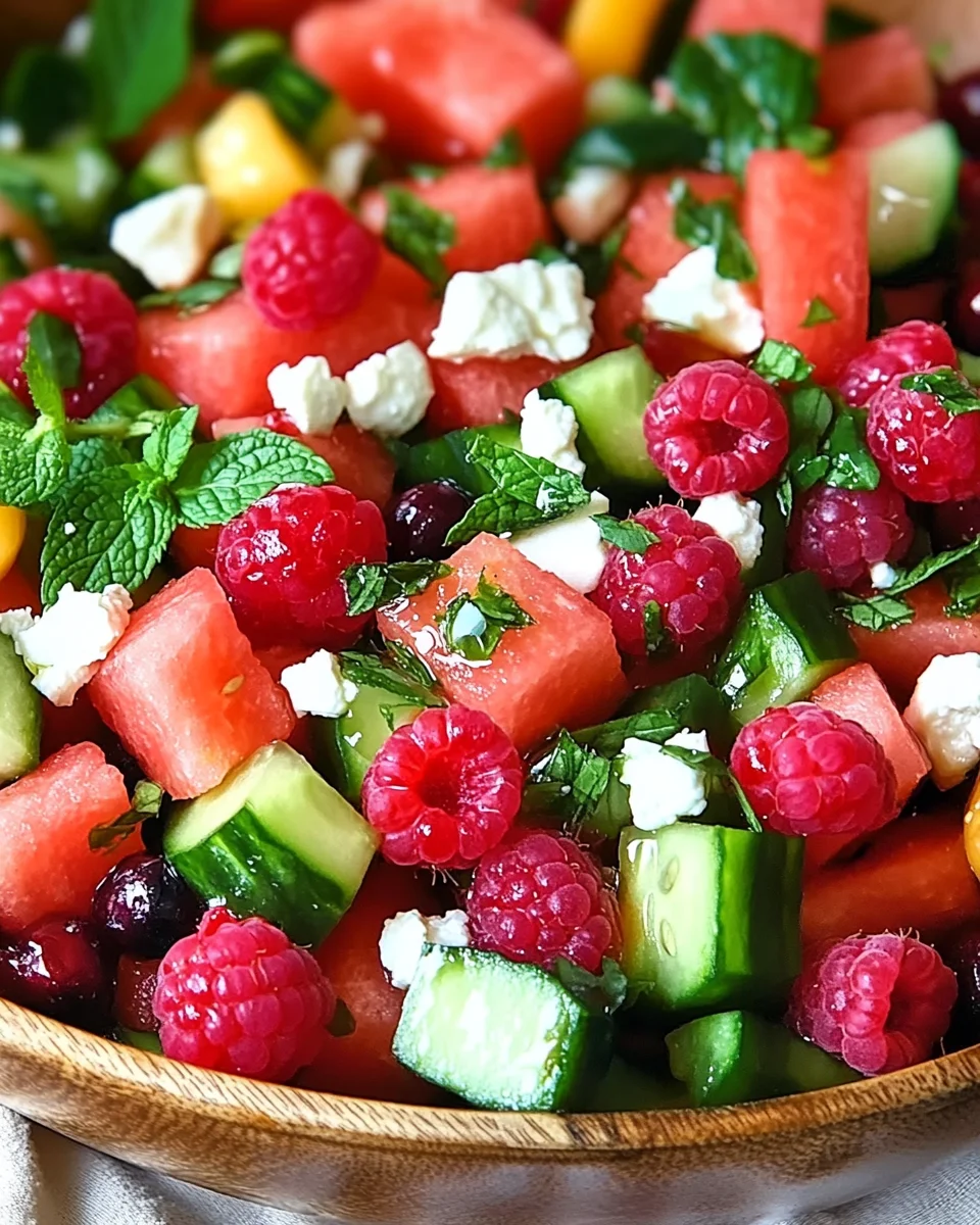 Sommersalat mit Melone, Gurke und Himbeeren 20 Sommersalat