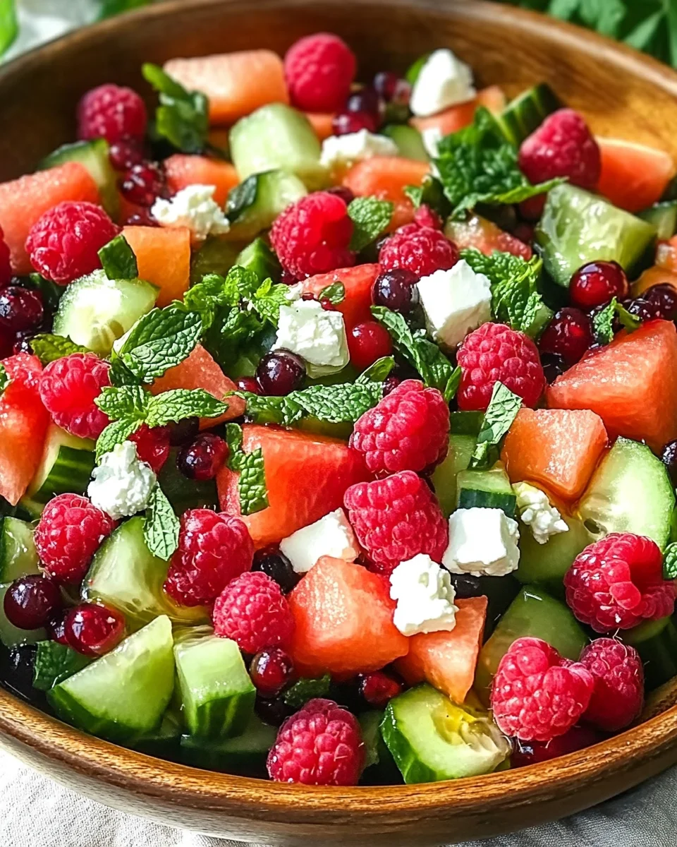 Sommersalat mit Melone, Gurke und Himbeeren