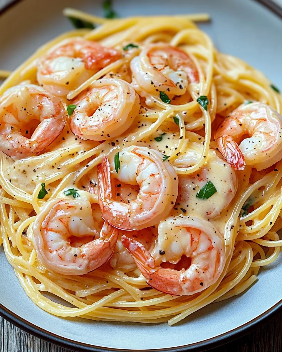 Spaghetti mit Garnelen in Frischk&auml;sesauce