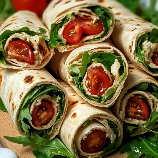 Vegetarische Wrap-Röllchen mit Rucola und Tomaten