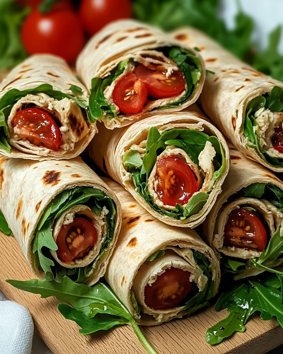 Vegetarische Wrap-Röllchen mit Rucola und Tomaten