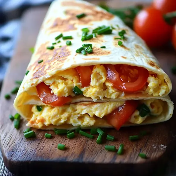 Frühstückswrap mit Ei, Käse und Tomaten