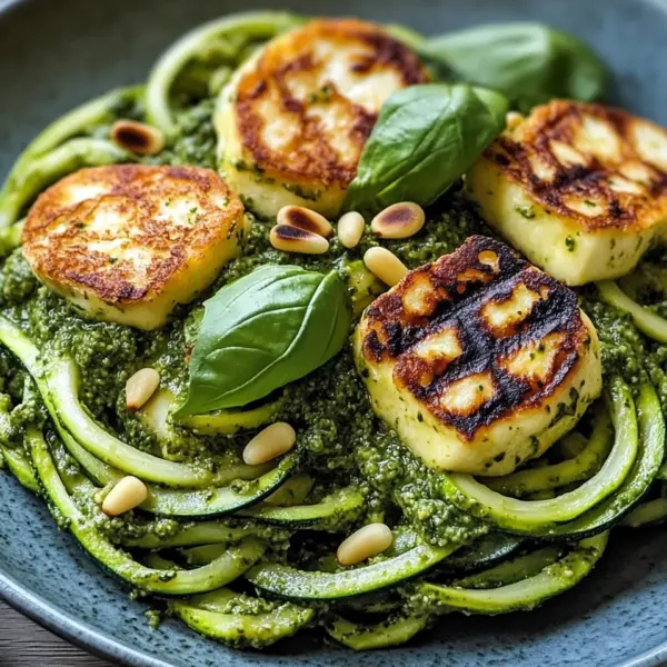Halloumi mit Zucchini-Pesto-Nudeln