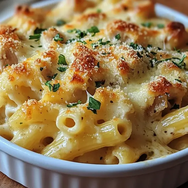 Knuspriger Nudel-Hähnchen-Auflauf mit Knoblauch und Parmesan
