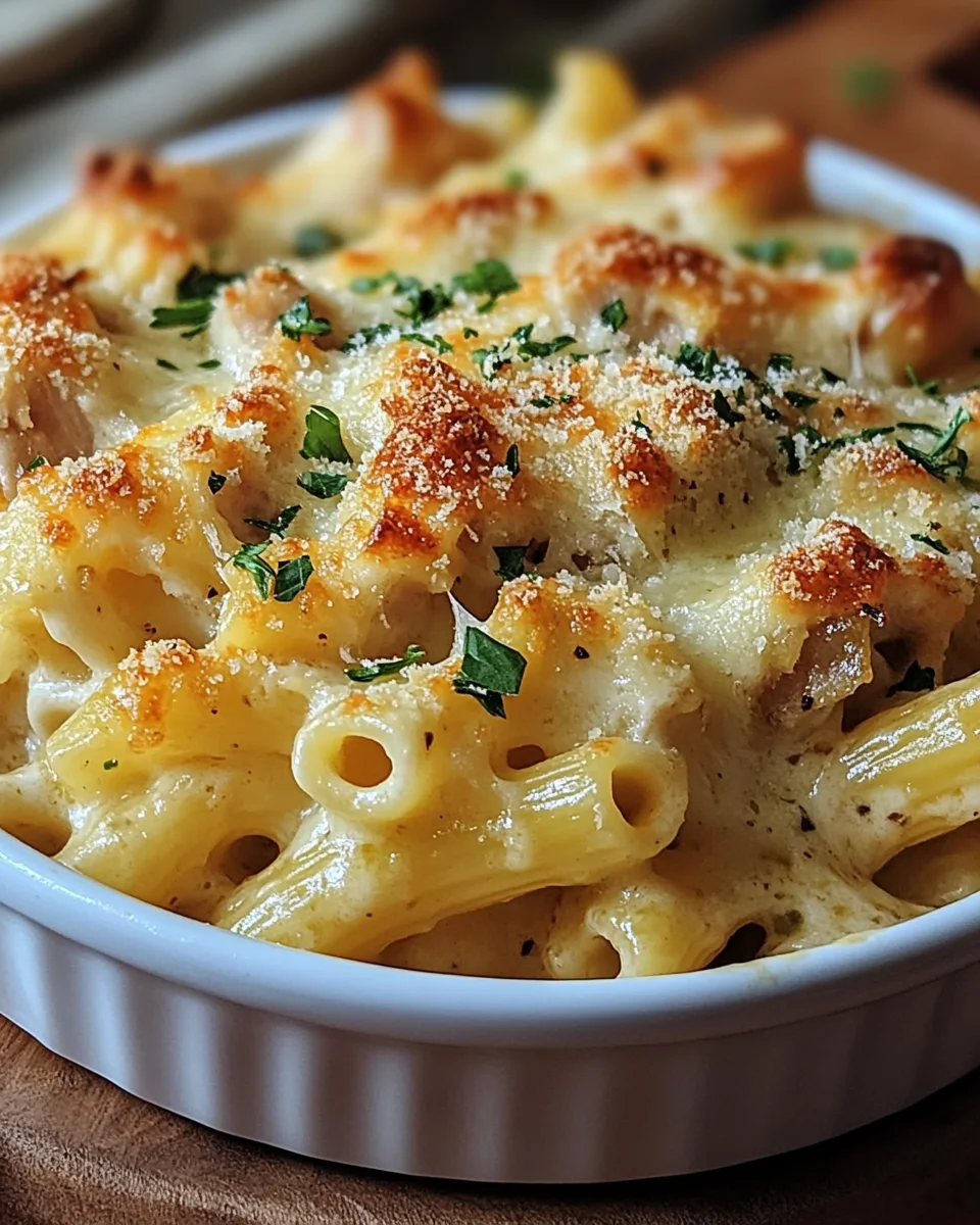 Knuspriger Nudel-H&auml;hnchen-Auflauf mit Knoblauch und Parmesan