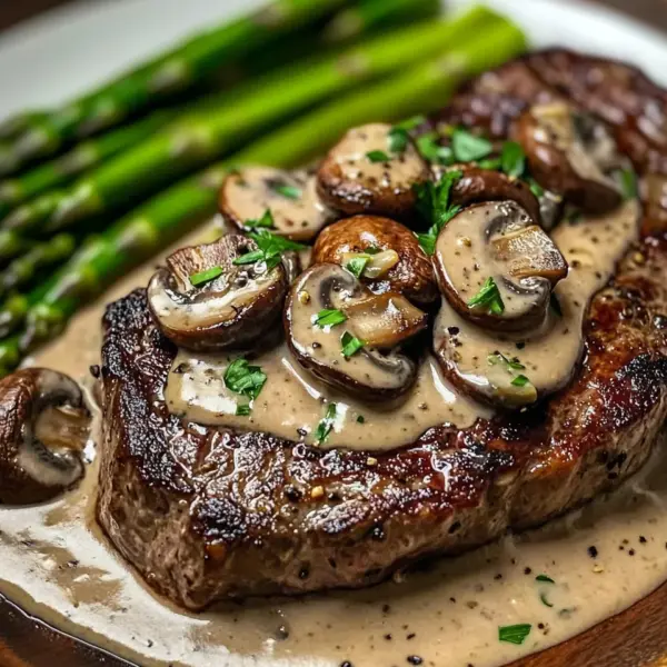 Ribeye Steak with Creamy Mushroom Sauce and Asparagus