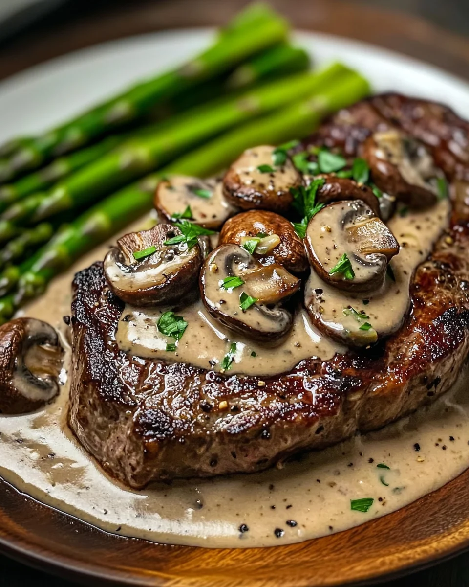 Ribeye Steak with Creamy Mushroom Sauce and Asparagus