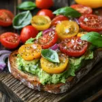 Ger&ouml;stetes Brot mit Avocadobutter und Tomatensalat