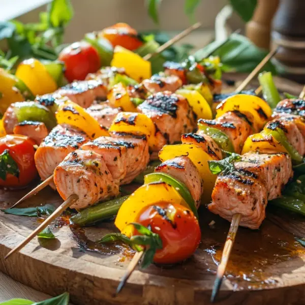 Lachs-Spieße mit Gemüse