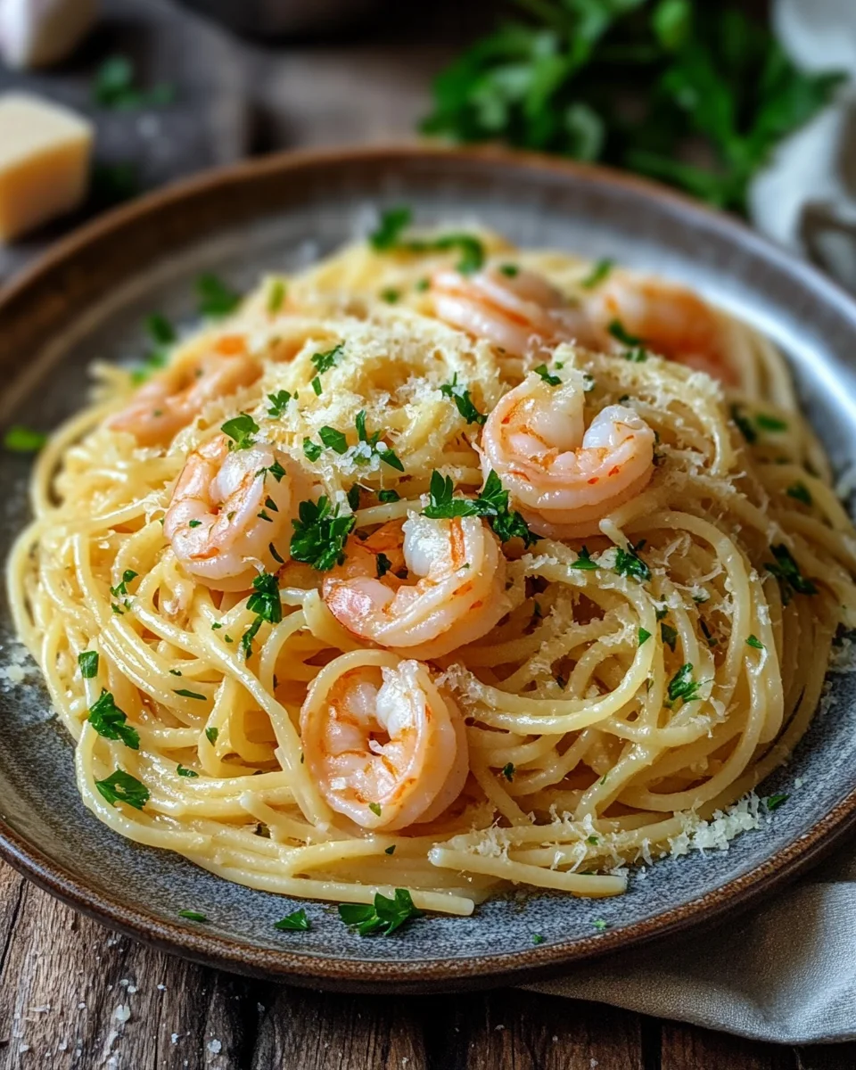 Spaghetti mit Garnelen in Knoblauch-Sahnesauce 22 Spaghetti mit Garnelen in Knoblauch-Sahnesauce