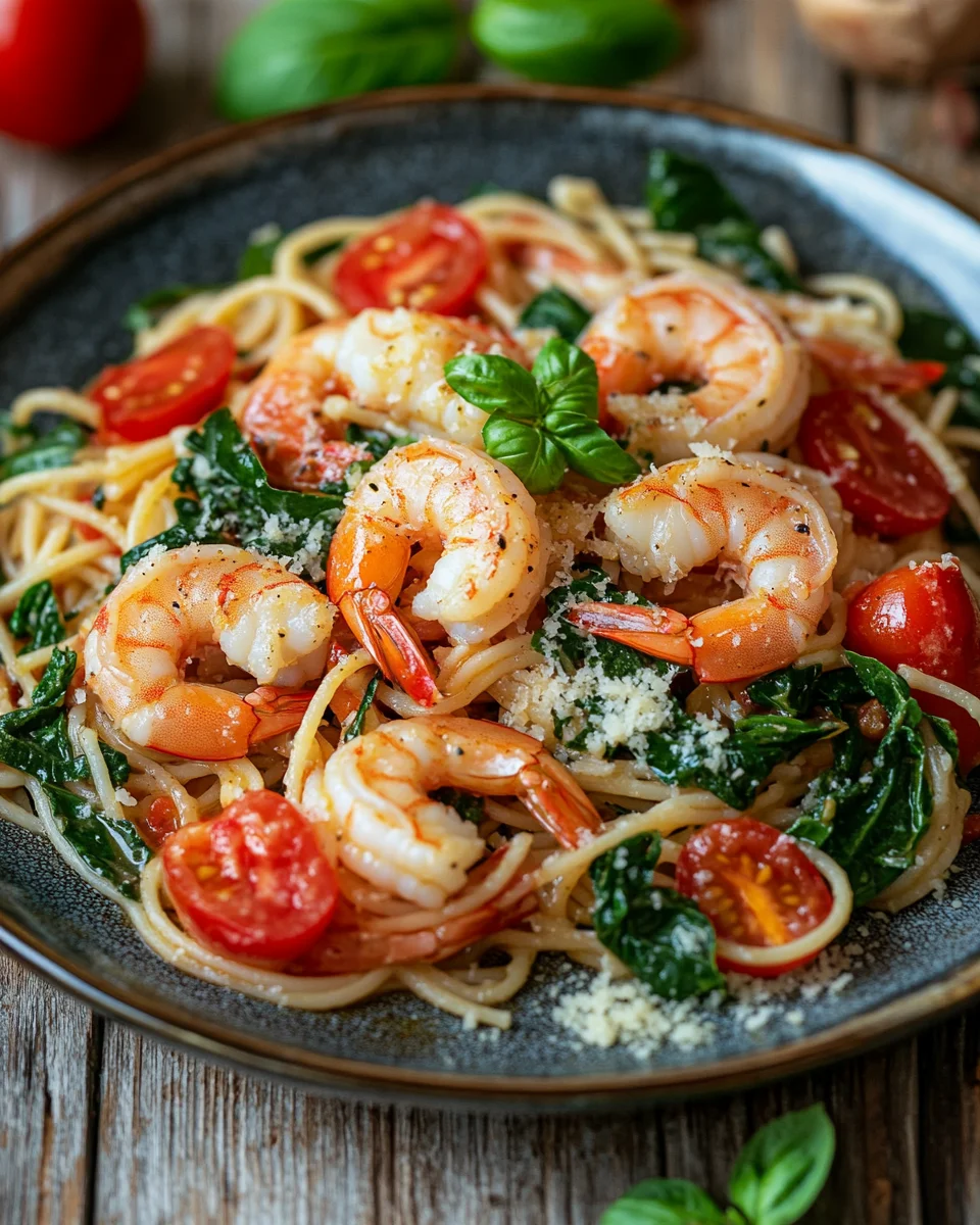 Tomate-Spinat-Garnelen-Nudeln