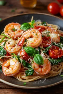 Tomate-Spinat-Garnelen-Nudeln