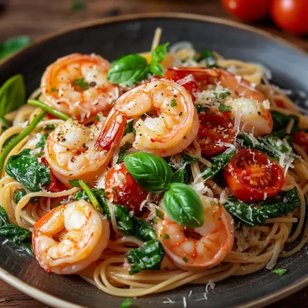 Tomate-Spinat-Garnelen-Nudeln