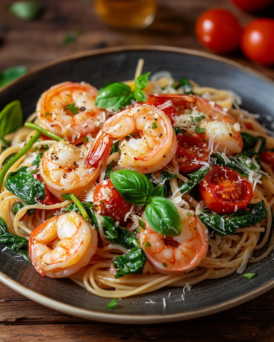 Tomate-Spinat-Garnelen-Nudeln